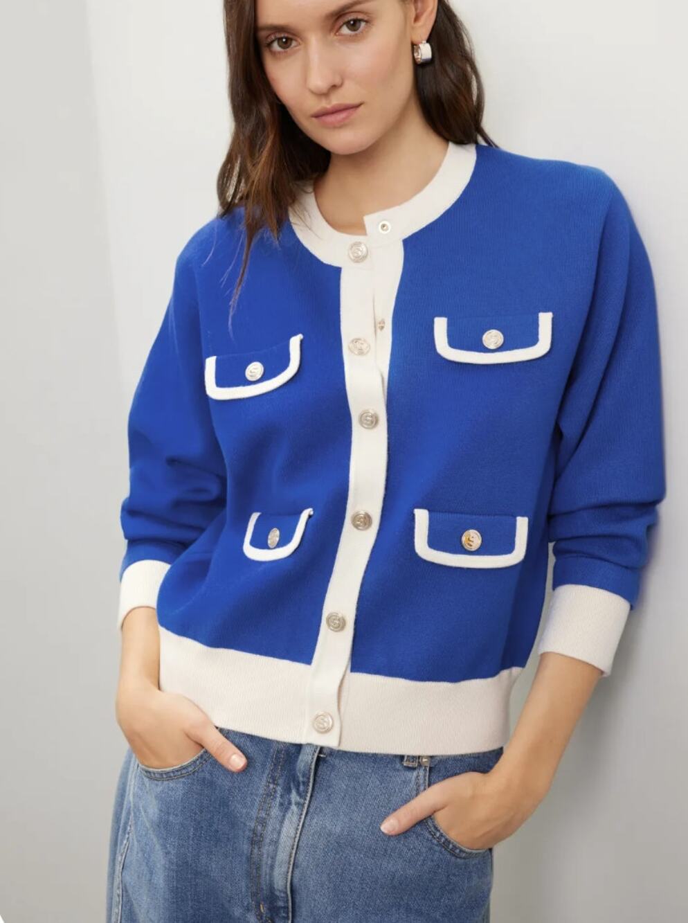 Sandro Murcie Blue Knit Button Front Crewneck Sweater Size 4
